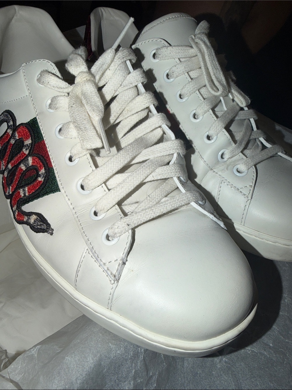 White Leather Gucci Embroidered Snake Lace-Up Sneakers